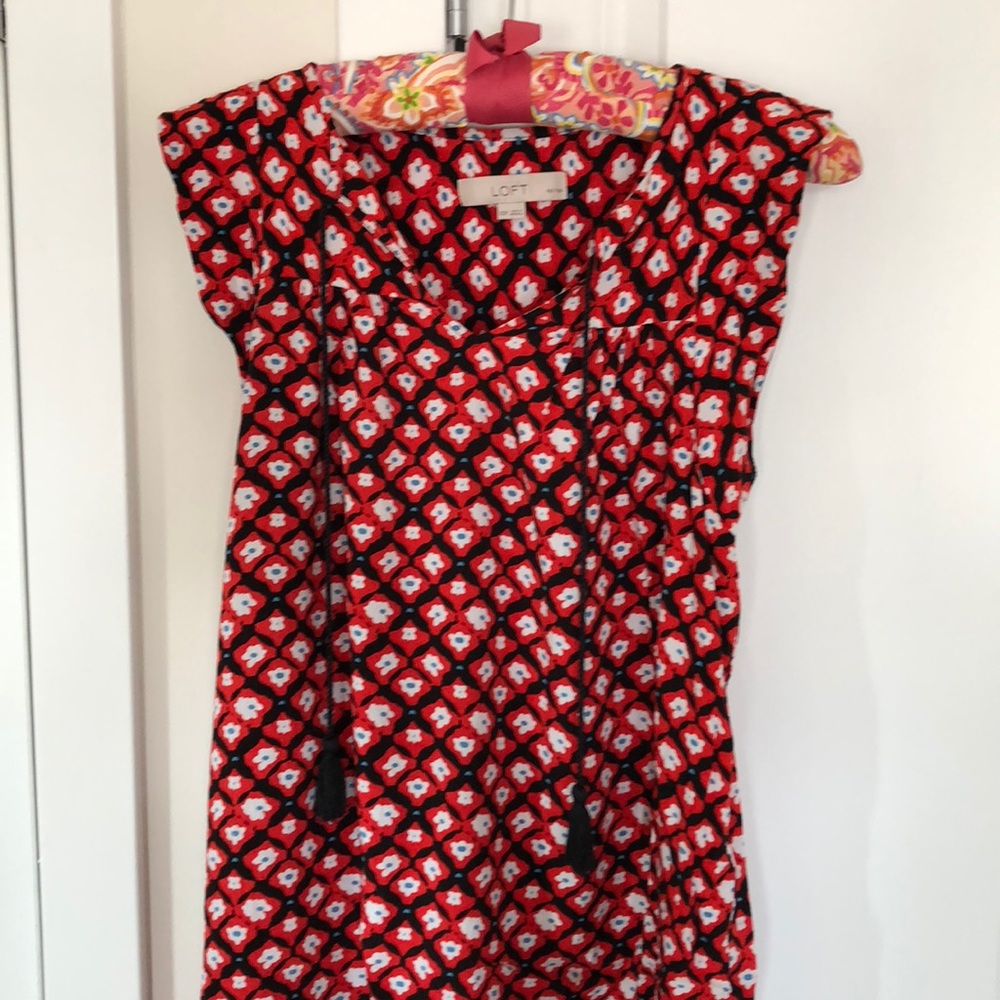 Loft Red Floral Tassel Shift Dress Sz XXSP